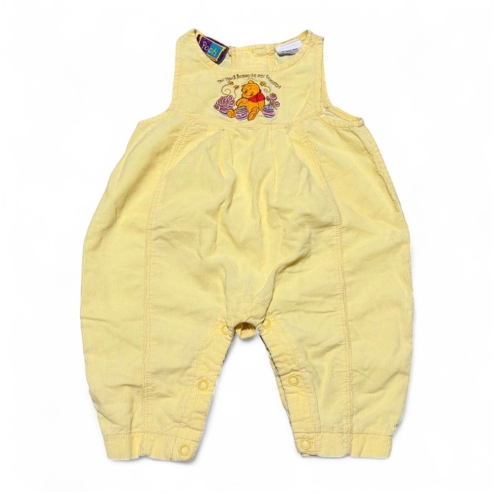 VTG Disney Pooh Baby Corduroy Baggy Romper Yellow 6-9 Months‎ Embroidered